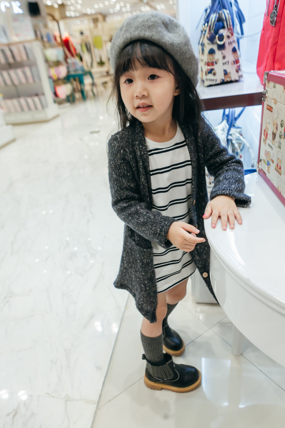 Girl's White Cotton black Striped Dress