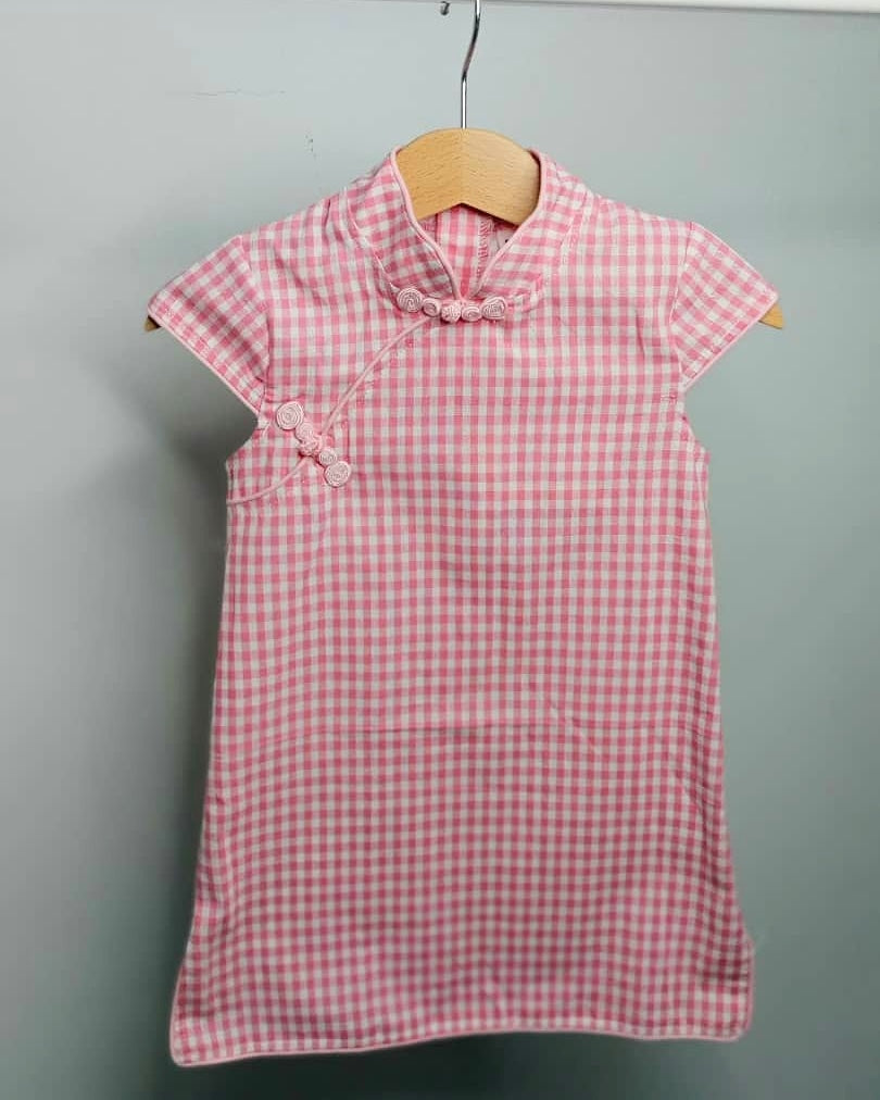 Girls Pink Checked Cheongsam Dress