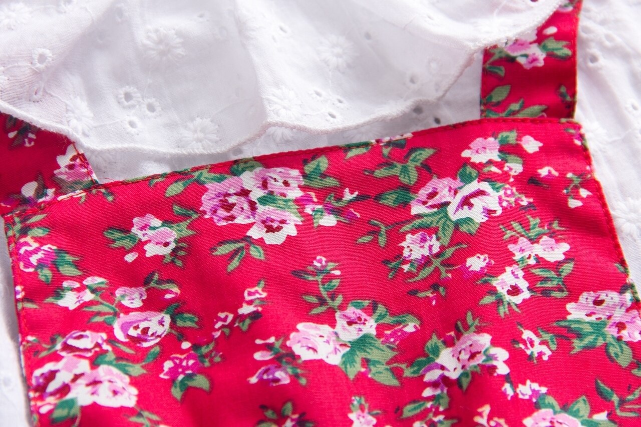 Girls Floral Pattern Red Pinafore Dress Set