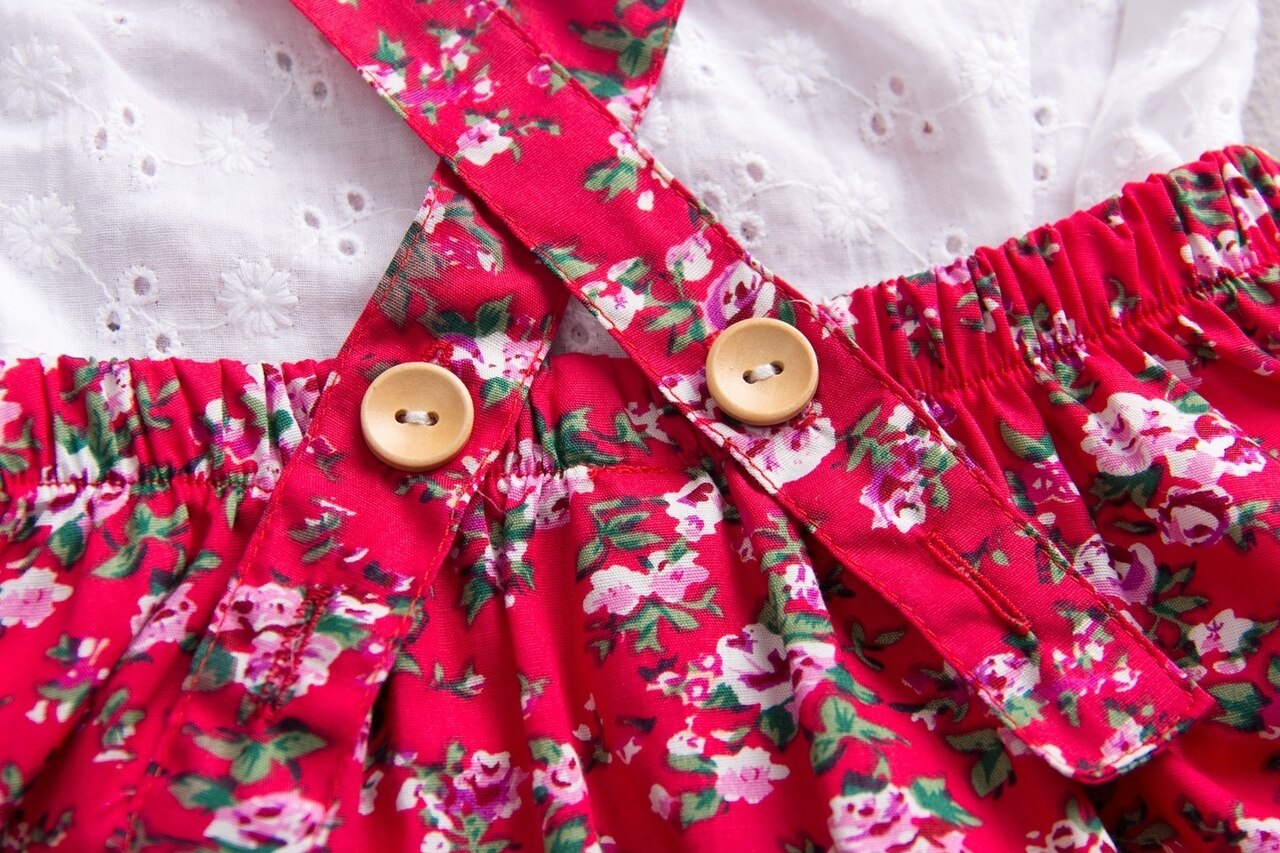 Girls Floral Pattern Red Pinafore Dress Set