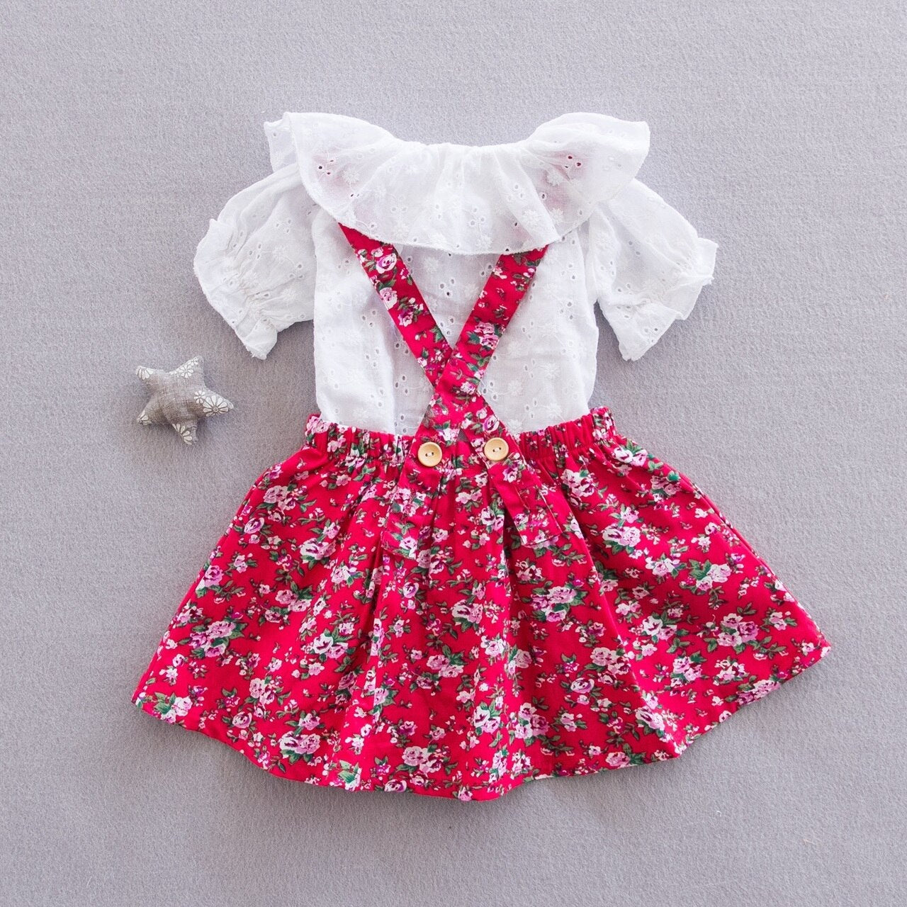 Girls Floral Pattern Red Pinafore Dress Set