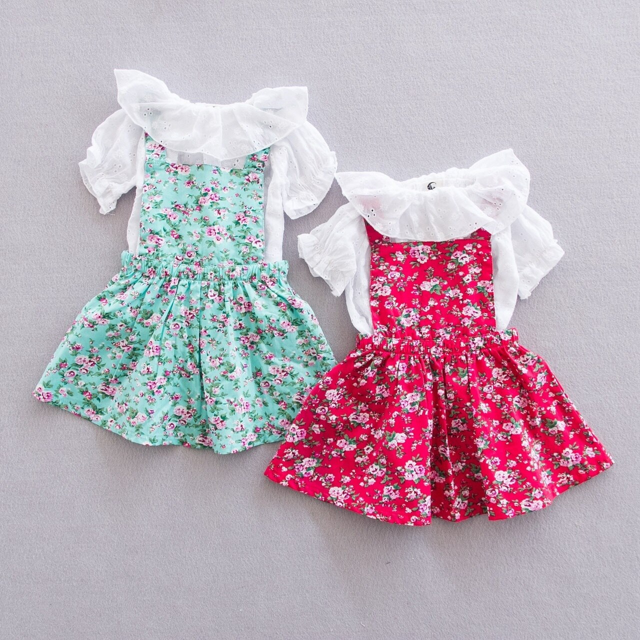 Girls Floral Pattern Red Pinafore Dress Set