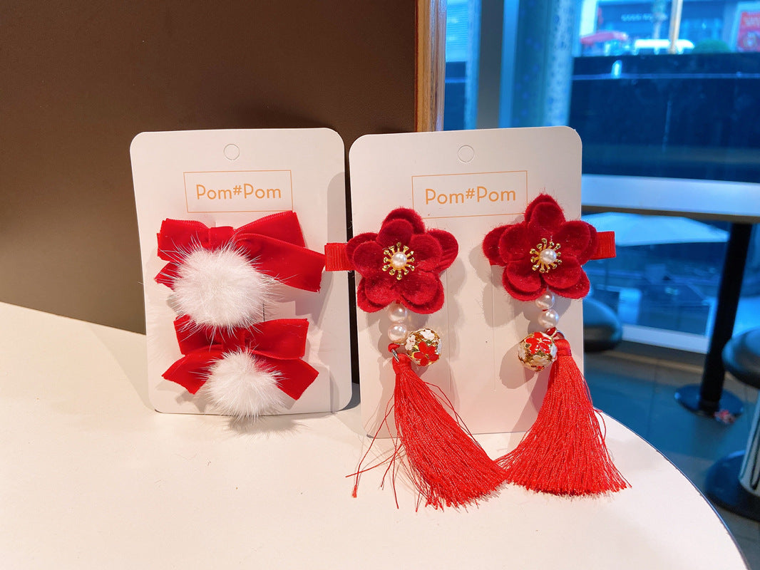 2 x Velvet Pom Pom Hair Bows - Red