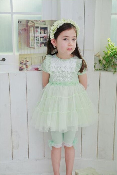 Girls Leggings with Ribbon & Lace- Green