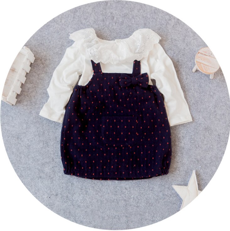 Girls Floral Pattern Navy Pinafore Dress Set ( Thick Material)