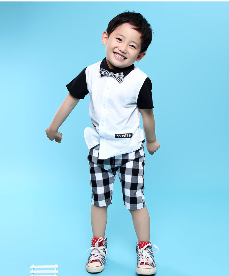Boy Short Sleeve Bow Tie Two-Tone Shirt, White ( exclude bow tie)