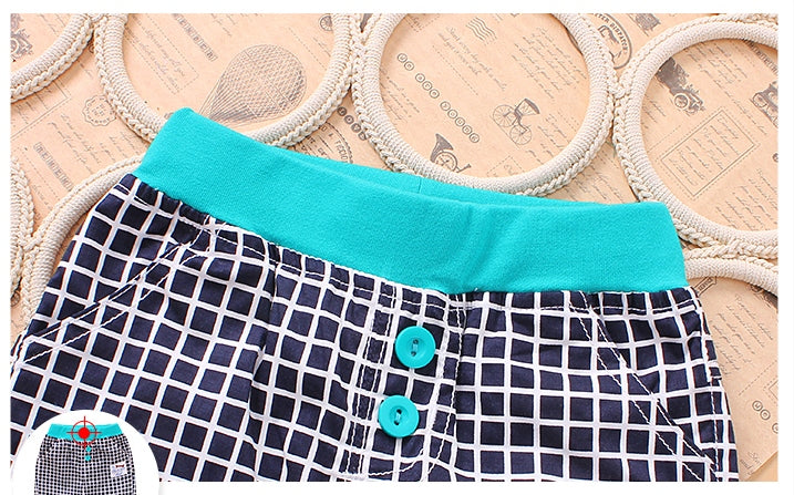 Cyan & White Checked Shorts with Puppy Print