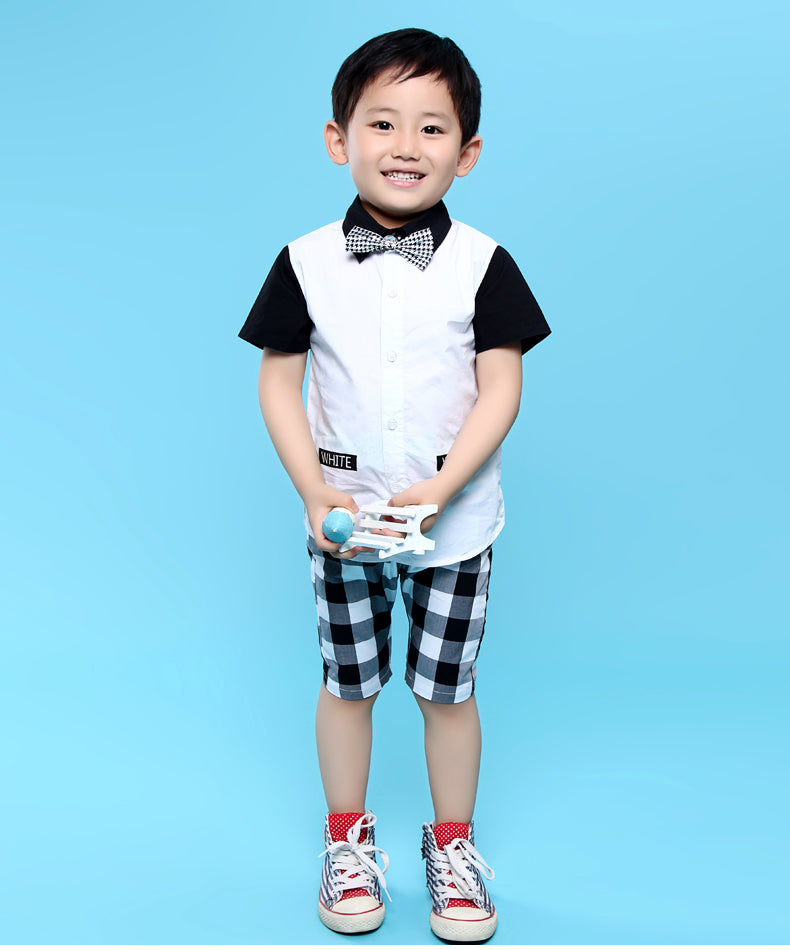 Boy Short Sleeve Bow Tie Two-Tone Shirt, Black