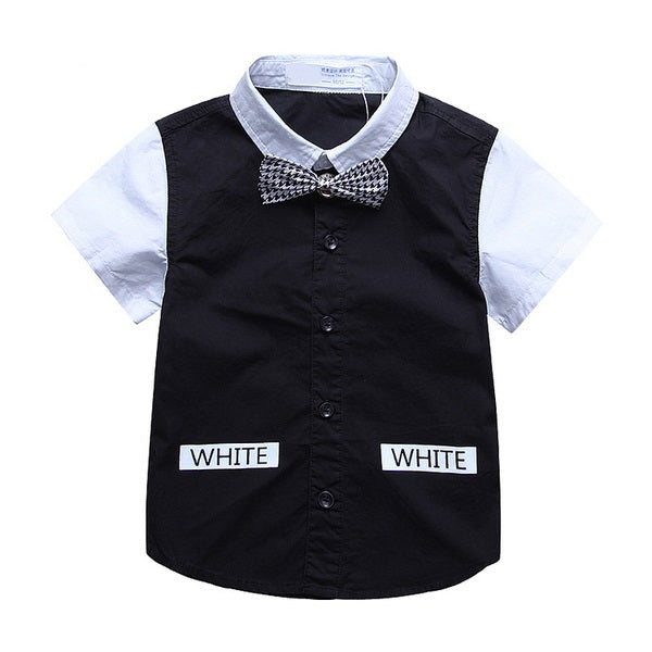 Boy Short Sleeve Bow Tie Two-Tone Shirt, Black