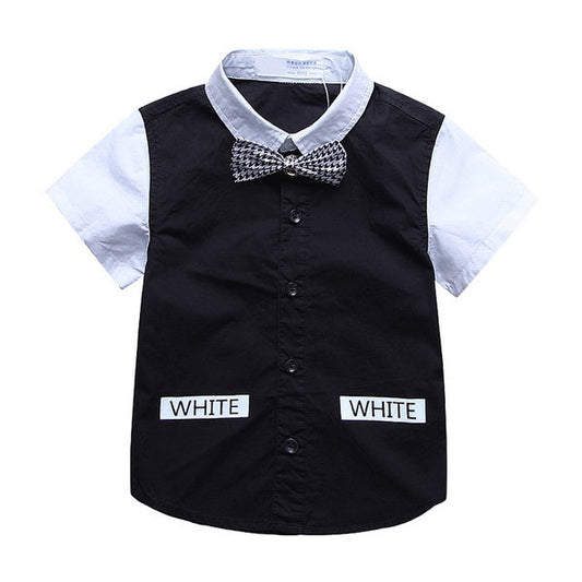 Boy Short Sleeve Bow Tie Two-Tone Shirt, Black