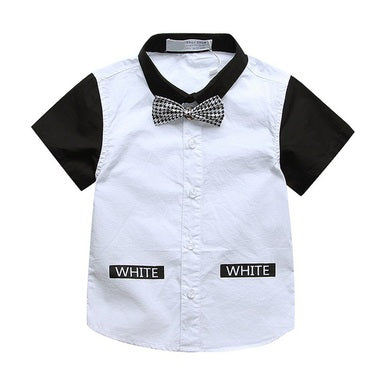Boy Short Sleeve Bow Tie Two-Tone Shirt, White ( exclude bow tie)