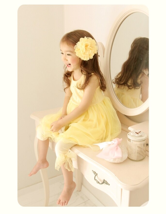 Girls Leggings with Ribbon & Lace- Yellow