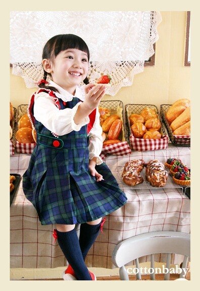 Luxury Girls Navy Green Checked Dress (Made in Korea)