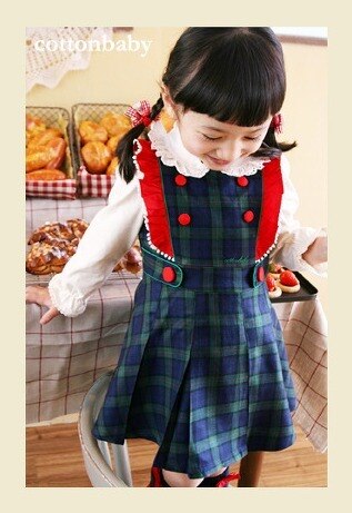 Luxury Girls Navy Green Checked Dress (Made in Korea)