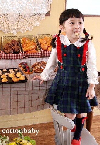 Luxury Girls Navy Green Checked Dress (Made in Korea)