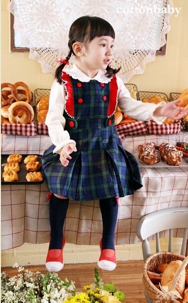 Luxury Girls Navy Green Checked Dress (Made in Korea)